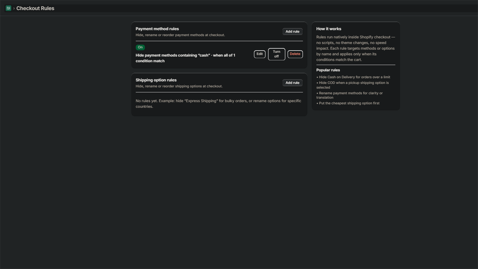 The Checkium dashboard listing the payment and delivery rules of a store