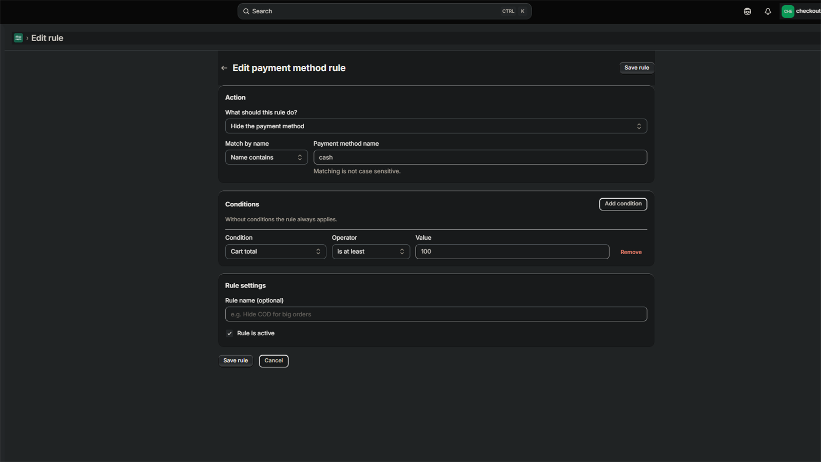 The rule editor, choosing an action and the conditions that trigger it
