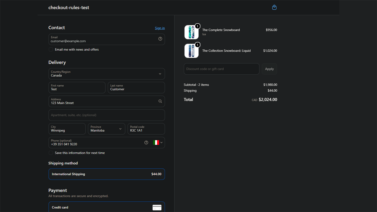 A Shopify checkout page where the rule has been applied